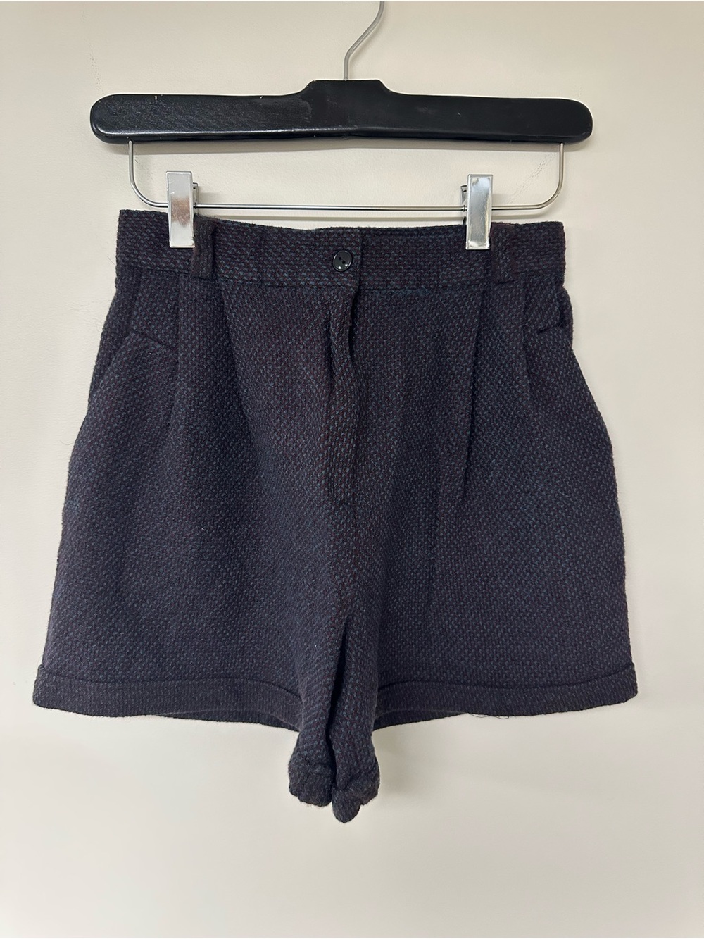 Vintage Textured High-Waisted Wool Shorts